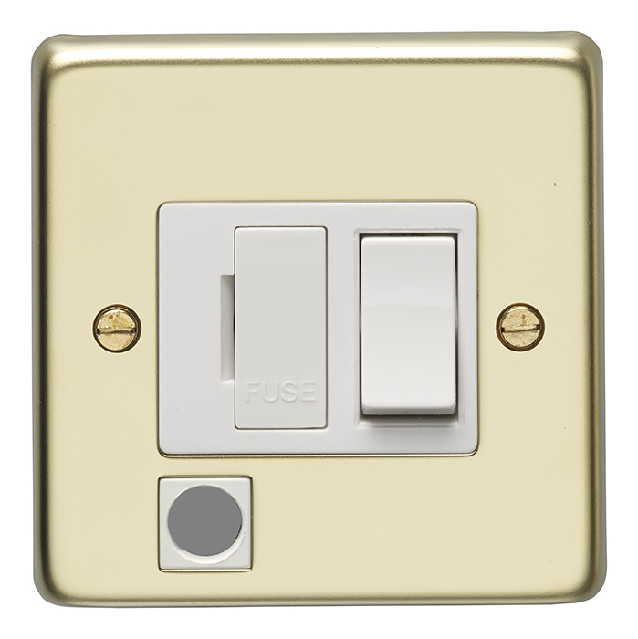 Eurolite Pbswffob 13Amp Dp Switched Fuse Spur & Flex Outlet Round Edge Polished Brass Plate Black Rocker