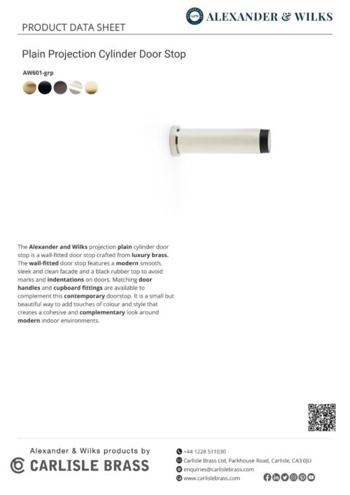 Alexander And Wilks Brunel Diamond Plain 75Mm Cylinder Doorstop Matt Black AW601-75-BL