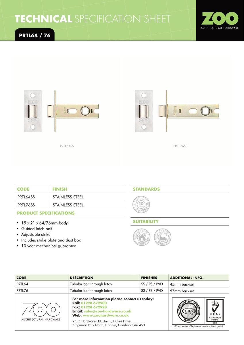 Zoo Hardware PRTL76FD-S-SSS Project Tubular Latch 76mm - UKCA/CE, Square Forend, Satin Stainless Steel