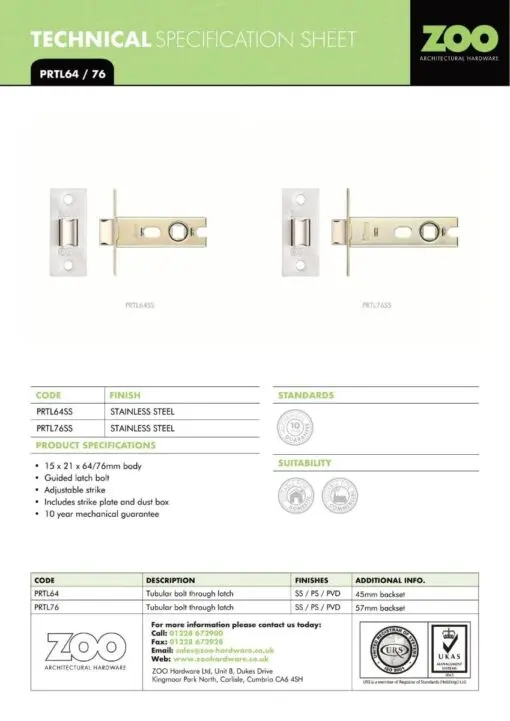 Zoo Hardware PRTL76FD-R-SSS Project Tubular Latch 76mm - UKCA/CE, Radius Forend, Satin Stainless Steel