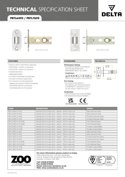 Zoo Hardware PRTL64FD-S-SSS Project Tubular Latch 64mm - UKCA/CE, Square Forend, Satin Stainless Steel