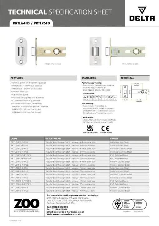 Zoo Hardware PRTL64FD-S-SSS Project Tubular Latch 64mm - UKCA/CE, Square Forend, Satin Stainless Steel