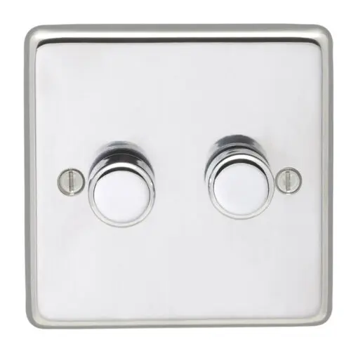 Eurolite Pss2D400 2 Gang 400W Push On Off 2Way Dimmer Round Edge Polished Stainless Steel Plate Matching Knobs