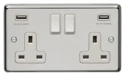 Eurolite Pss2Usbw 2 Gang 13Amp Switched Socket With Combined 4.8 Ampusb Outlets Round Edge Polished Stainless Steel Plate White Rockers