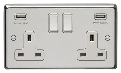 Eurolite Pss2Usbw 2 Gang 13Amp Switched Socket With Combined 4.8 Ampusb Outlets Round Edge Polished Stainless Steel Plate White Rockers
