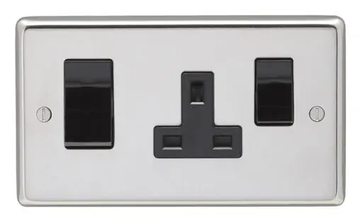 Eurolite Pss45Aswasb 45Amp Dp Cooker Switch With 13Amp Socket Round Edge Polished Stainless Steel Plate Black Rockers