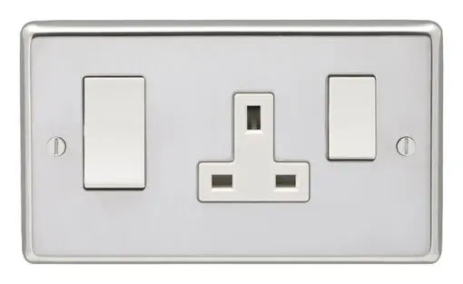 Eurolite Pss45Aswasw 45Amp Dp Cooker Switch With 13Amp Socket Round Edge Polished Stainless Steel Plate White Rockers