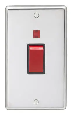 Eurolite Pss45Aswnb 45Amp Dp Cooker Switch With Neon Double Round Edge Polished Stainless Steel Plate Red Rocker Black Trim