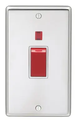 Eurolite Pss45Aswnw 45Amp Dp Cooker Switch With Neon Double Round Edge Polished Stainless Steel Plate Red Rocker White Trim