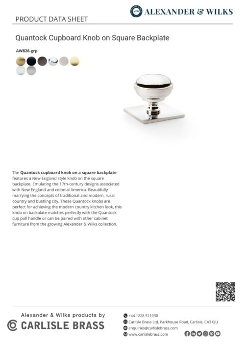 Alexander And Wilks Quantock Cupboard Knob 34Mm On Square Backplate Matt Black AW826-34-BL