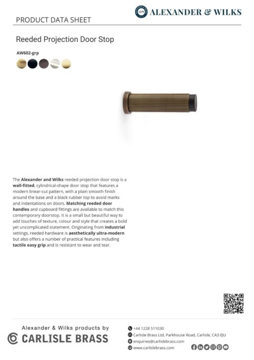 Alexander And Wilks Brunel Diamond Reeded 75Mm Cylinder Doorstop Matt Black AW602-75-BL