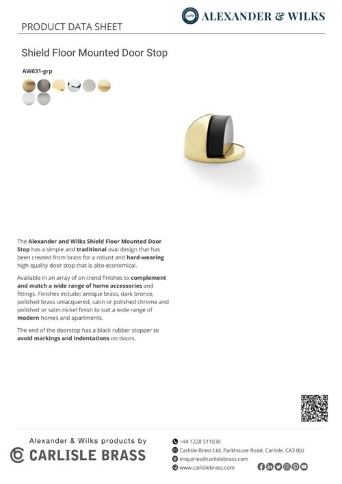 Alexander And Wilks Floor Mounted Oval Shielded Doorstop 45mm Pol Brass Unlacq AW631PBL