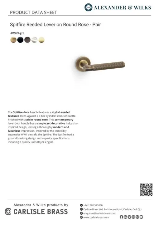 Alexander And Wilks Spitfire Door Handle Reeded On Round Rose Antique Brass AW222AB