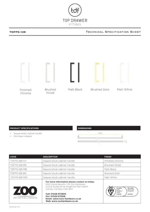 Zoo Hardware TDFPS-128-CP Square Block Cabinet handle 128mm CTC Polished Chrome Finish