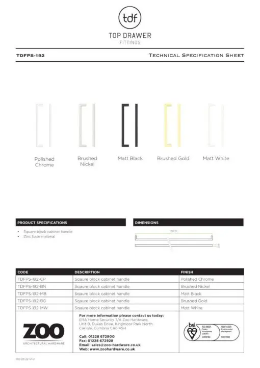 Zoo Hardware TDFPS-192-BN Square Block Cabinet handle 192mm CTC Brushed Nickel Finish