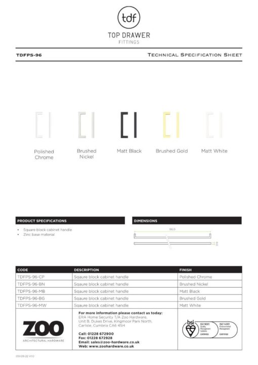 Zoo Hardware TDFPS-96-BG Square Block Cabinet handle 96mm CTC Brushed Gold Finish