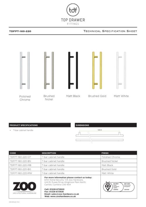 Zoo Hardware TDFPT-160-220BN T Bar Cabinet handle 160mm CTC, 220mm Total length Brushed Nickel Finish
