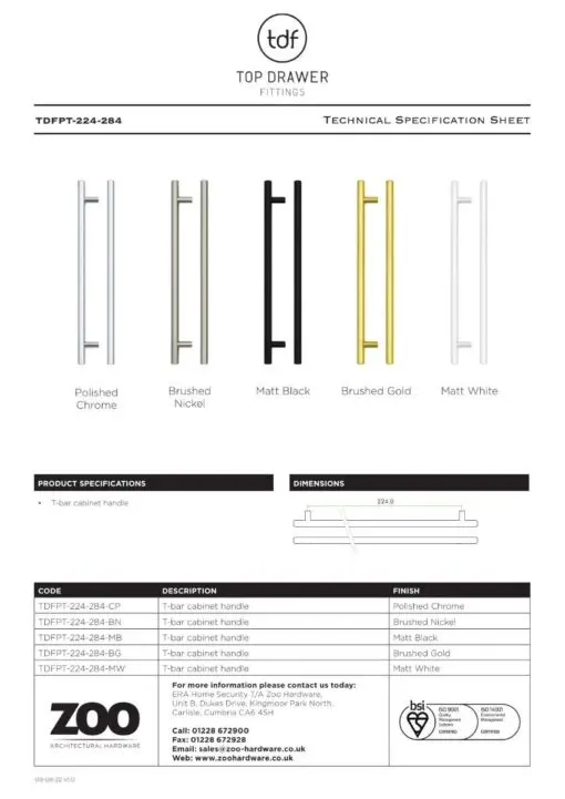 Zoo Hardware TDFPT-224-284MB T Bar Cabinet handle 224mm CTC, 284mm Total length Matt Black Finish