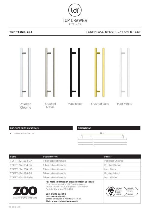 Zoo Hardware TDFPT-224-284BN T Bar Cabinet handle 224mm CTC, 284mm Total length Brushed Nickel Finish