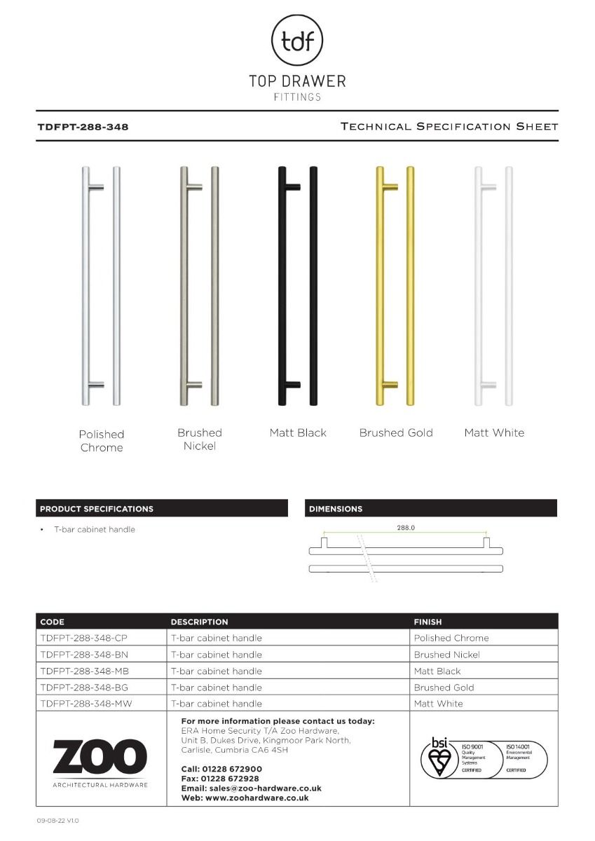 Zoo Hardware TDFPT-288-348CP T Bar Cabinet handle 288mm CTC, 348mm Total length Polished Chrome Finish