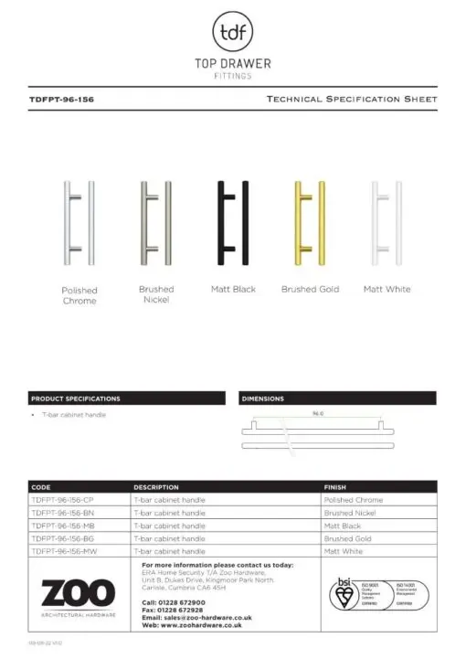 Zoo Hardware TDFPT-96-156CP T Bar Cabinet handle 96mm CTC, 156mm Total length Polished Chrome Finish