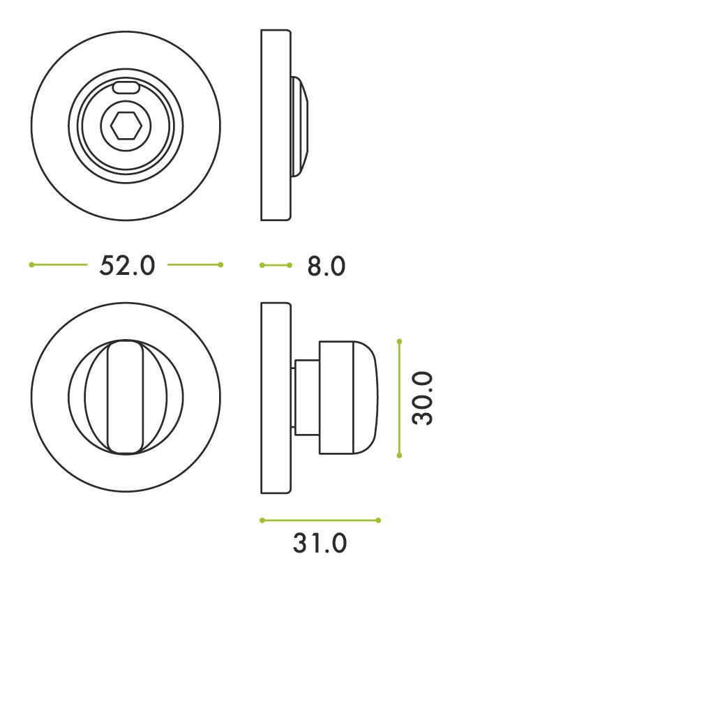 Zoo Hardware Turn and HEX Release with Indicator on 52mm rose- Push On Cover - 5mm spindle - Grade 304 ZCS004ISS-HEX