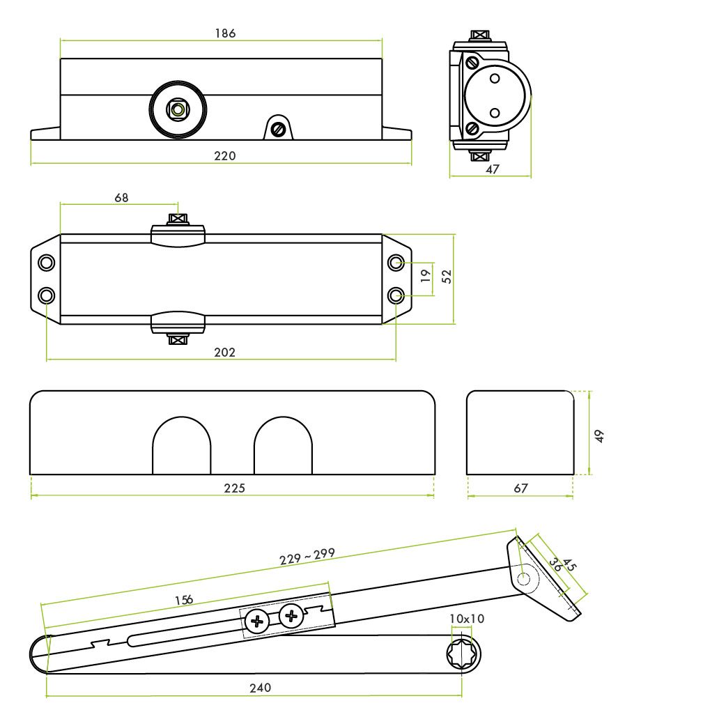 Zoo Hardware Size 2-4 Template Selectable Closer - Satin Nickel Finish - Complete with Semi Radius Cover & Flat Arm ZDC0024S-SN