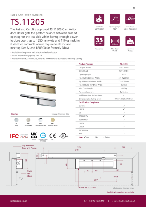Rutland TS.11205 Door Closer EN 2-5 Cam Action Door Closer c/w Semi-Radius Cover & Slidearm PVD Brass