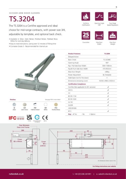 Rutland TS.3204 Door Closer, BC c/w Cover, Flatbar Armset Satin Nickel