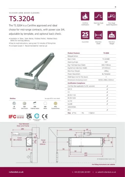 Rutland TS.3204 Door Closer, BC c/w Cover, Flatbar Armset PVD Brass