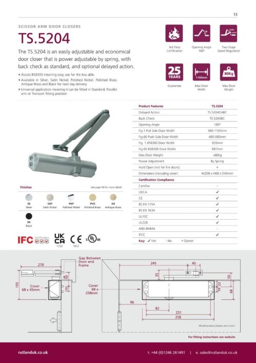 Rutland TS.5204 Door Closer, BC c/w Semi-Radius Cover, Flatbar Armset Polished Nickel