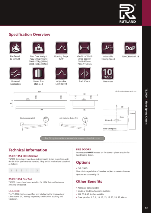 Rutland TS.7003NHO.SS Non Hold Open Floor Spring with BC c/w Cover Plate Satin Stainless Steel