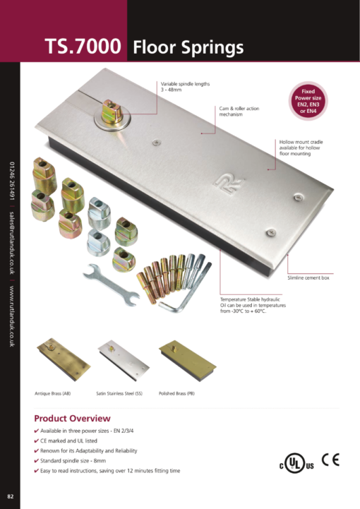 Rutland TS.7002 Hold Open Floor Spring & BC c/w Cover Plate & SA Pack Polished Brass