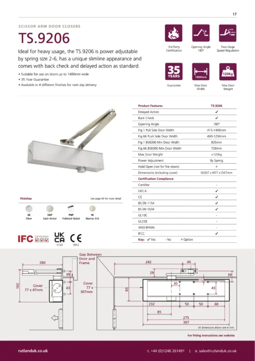 Rutland TS.9206 Door Closer c/w Semi-Radius Cover & Flatbar Armset Polished Nickel