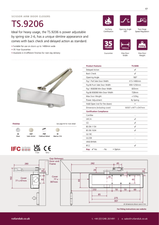 Rutland TS.9206 Door Closer c/w Semi-Radius Cover & Flatbar Armset Satin Nickel