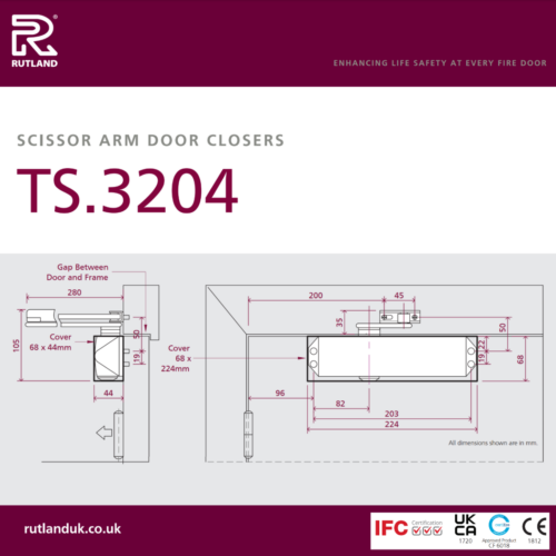 Rutland TS.3204 Door Closer c/w Cover, Flatbar Armset Satin Nickel