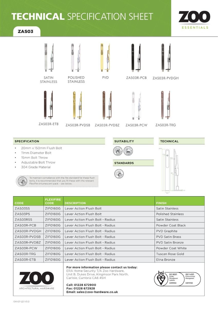 Zoo Hardware ZAS03R-PVDSB Door Handle Action Flush Bolt - Radius 20 x 200mm - PVD Satin Brass