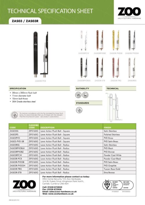 Zoo Hardware ZAS03RPVDSB Door Handle Action Flush Bolt Favo Satin Brass- Radius 20 x 200mm