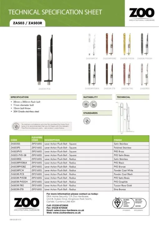 Zoo Hardware ZAS03RPVDSB Door Handle Action Flush Bolt Favo Satin Brass- Radius 20 x 200mm