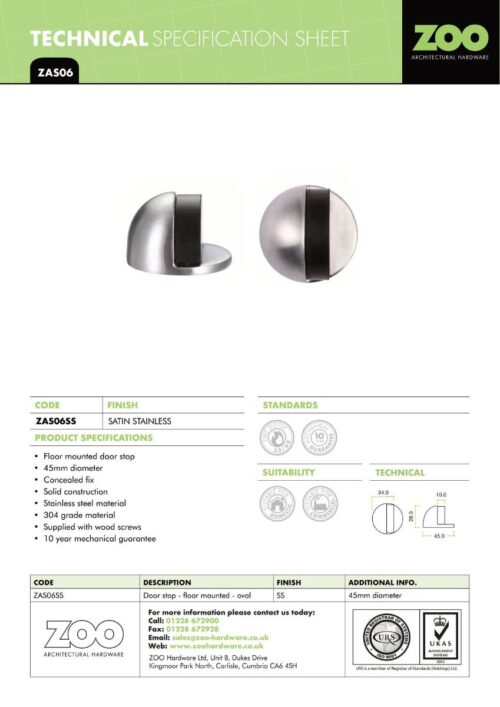 Zoo Hardware ZAS06-PVDBZ Door Stop - Floor Mounted Oval - 45mm dia - Bronze finish