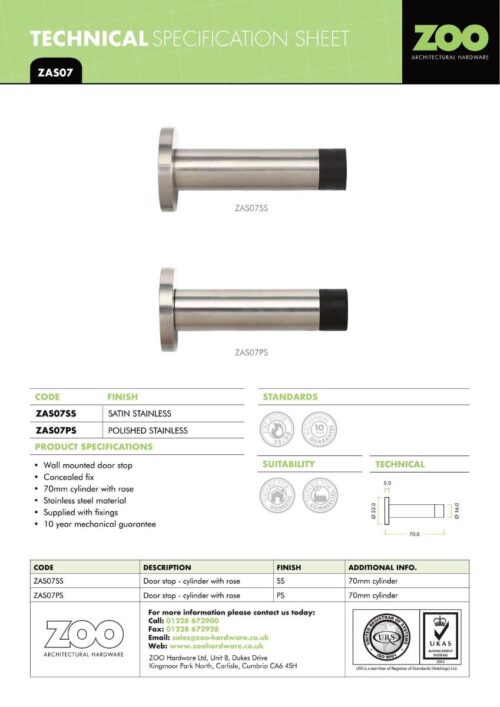 Zoo Hardware ZAS07-PVDGH Door Stop - Cylinder - 70mm Projection With Rose PVD Graphite