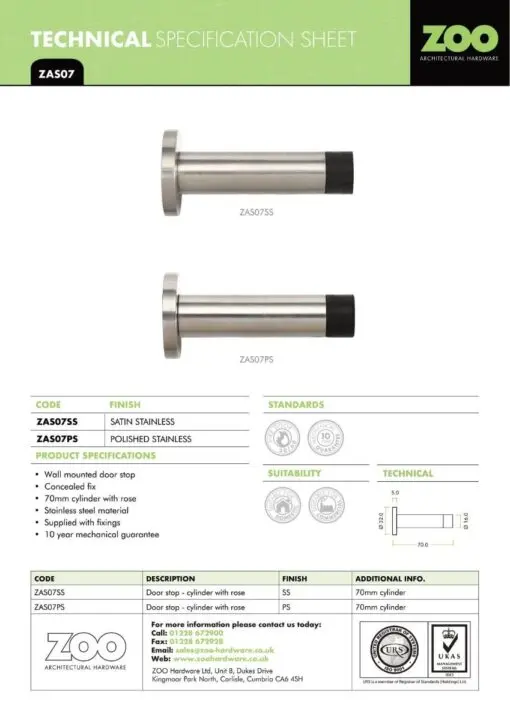 Zoo Hardware ZAS07-PVDGH Door Stop - Cylinder - 70mm Projection With Rose PVD Graphite