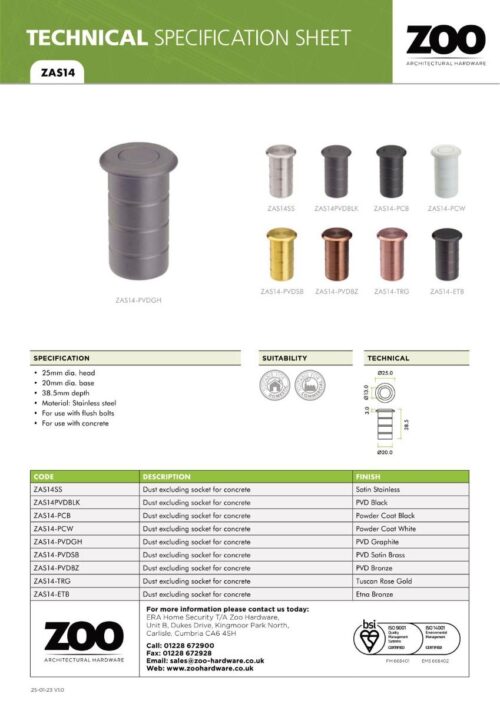 Zoo Hardware ZAS14-PVDBZ Dust socket for flush bolt-concrete 20x38mm - Satin Bronze Finish
