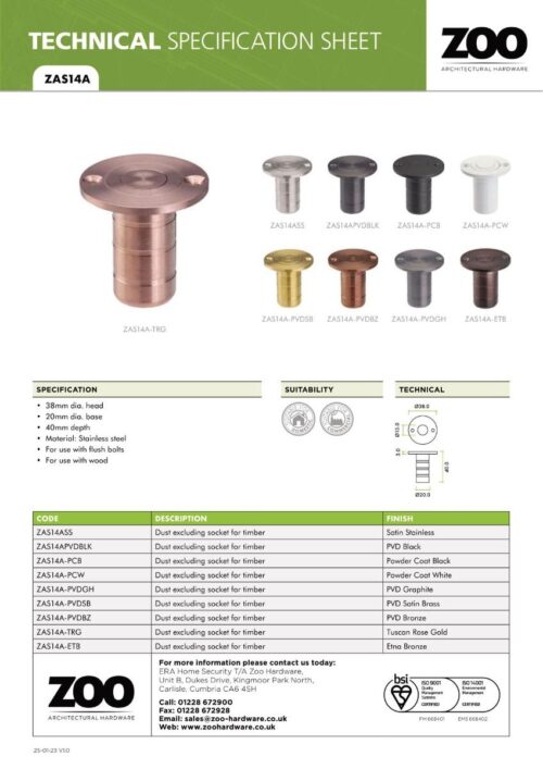 Zoo Hardware ZAS14A-PVDSB Dust socket for flush bolt-to Suit Wood - Satin Brass Finish