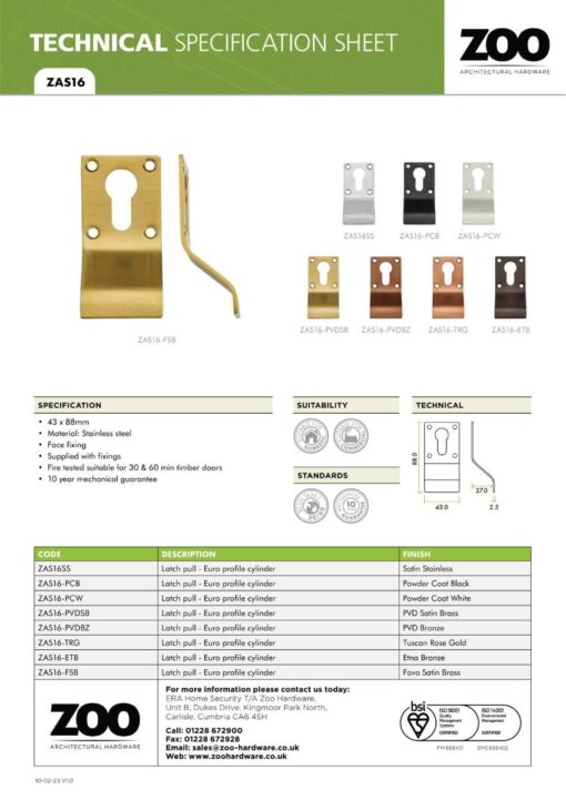 Zoo Hardware ZAS16-ETB Cylinder Latch Pull - Euro Profile - 88mm x 43mm - ETB