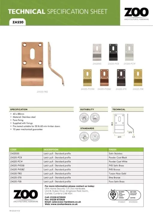 Zoo Hardware ZAS20-PVDBZ Cylinder Latch Pull - Standard Profile - 88mm x 43mm - PVDBZ