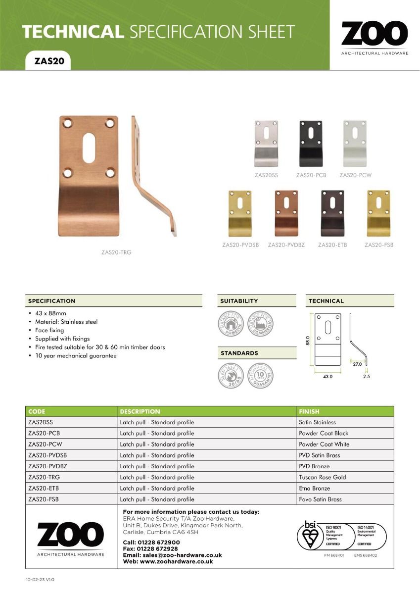 Zoo Hardware ZAS20-PVDBZ Cylinder Latch Pull - Standard Profile - 88mm x 43mm - PVDBZ