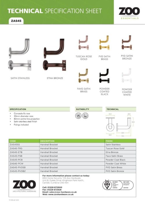 Zoo Hardware ZAS45-PVDBZ Handrail Bracket - PVD Bronze