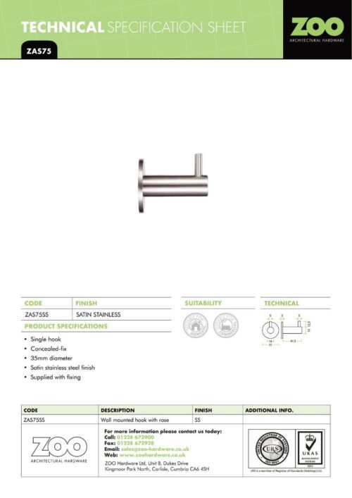 Zoo Hardware ZAS75-FSB Wall Mounted Coat Hook With Rose