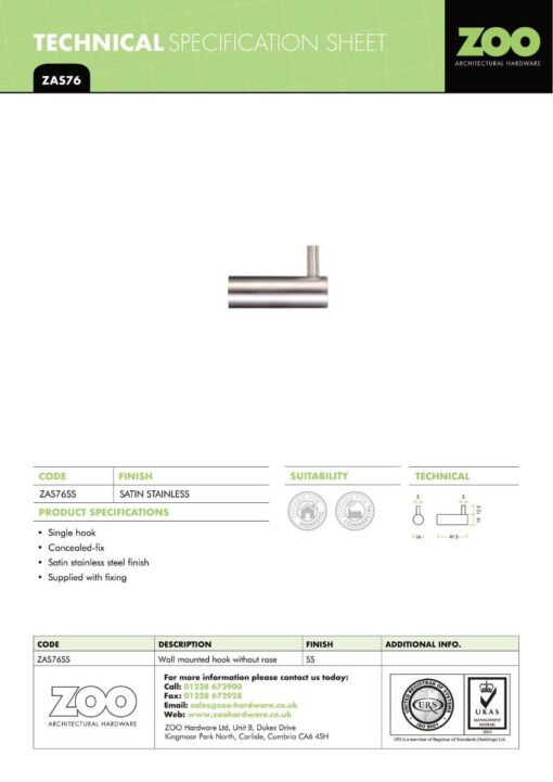 Zoo Hardware ZAS76-PCB Wall Mounted Coat Hook - Without Rose